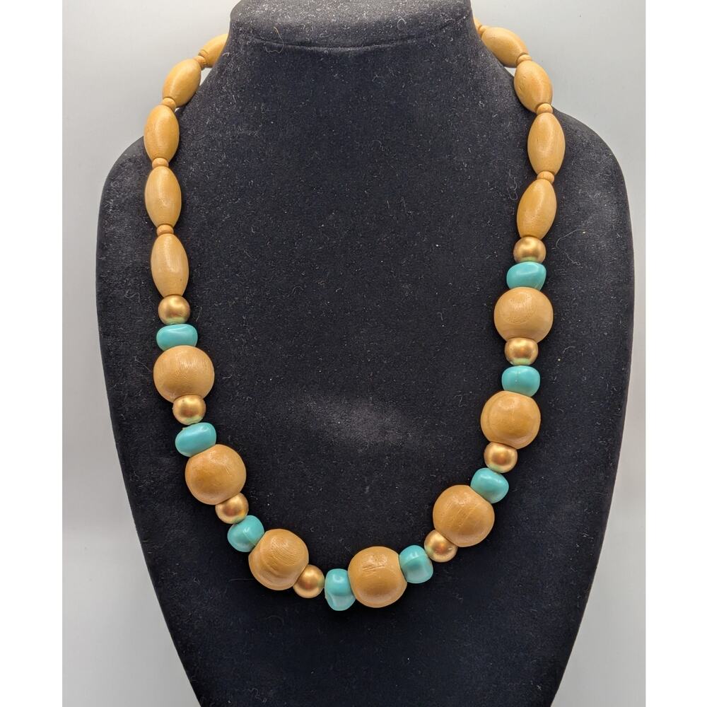 Vintage Wooden Bead Necklace Turquoise Gold Tone Boho Statement 24in